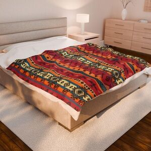 Native American Pattern Velveteen Plush Blanket Cozy Boho Home Decor. 60”x50”NEW